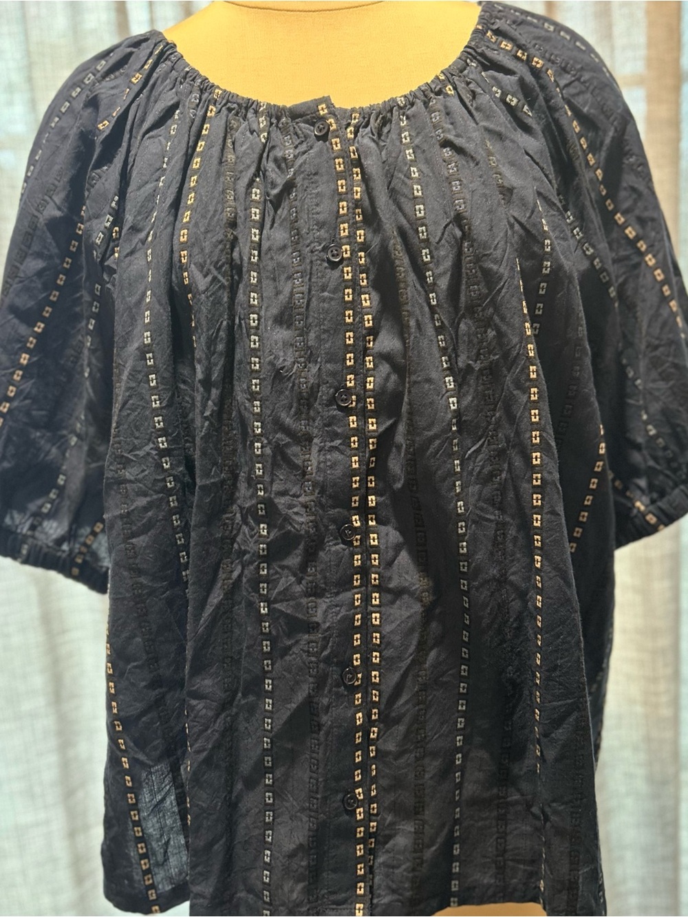 Wonderly Navy Button-Front Top with Gold Eyelet Stripes